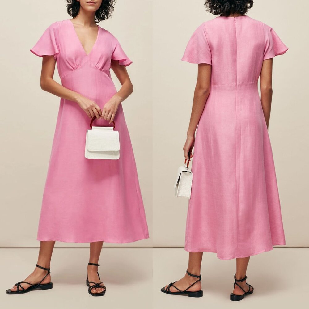 Whistles London Pink Frill Sleeve Midi Dress Size 10 Flutter Linen Blend $279